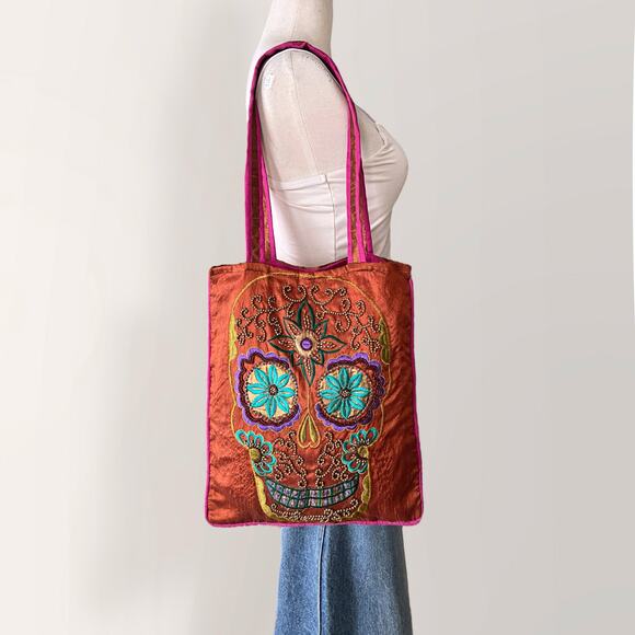 Skull Embroidered Halloween Tote Bag Day Of The Dead Rust Orange Satin Beaded - Picture 1 of 7